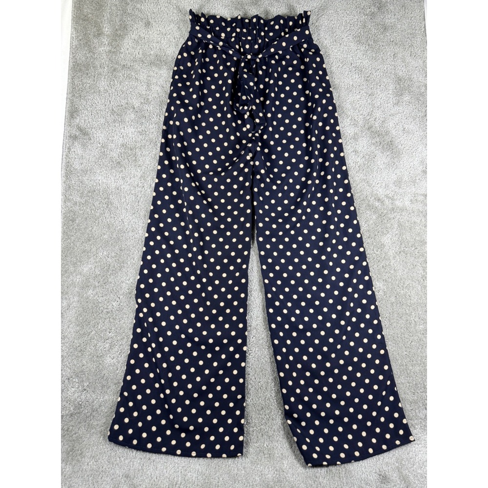 A'GACI Navy Blue Polka Dot Wide Leg Paperbag Waist Pants Small Made in USA